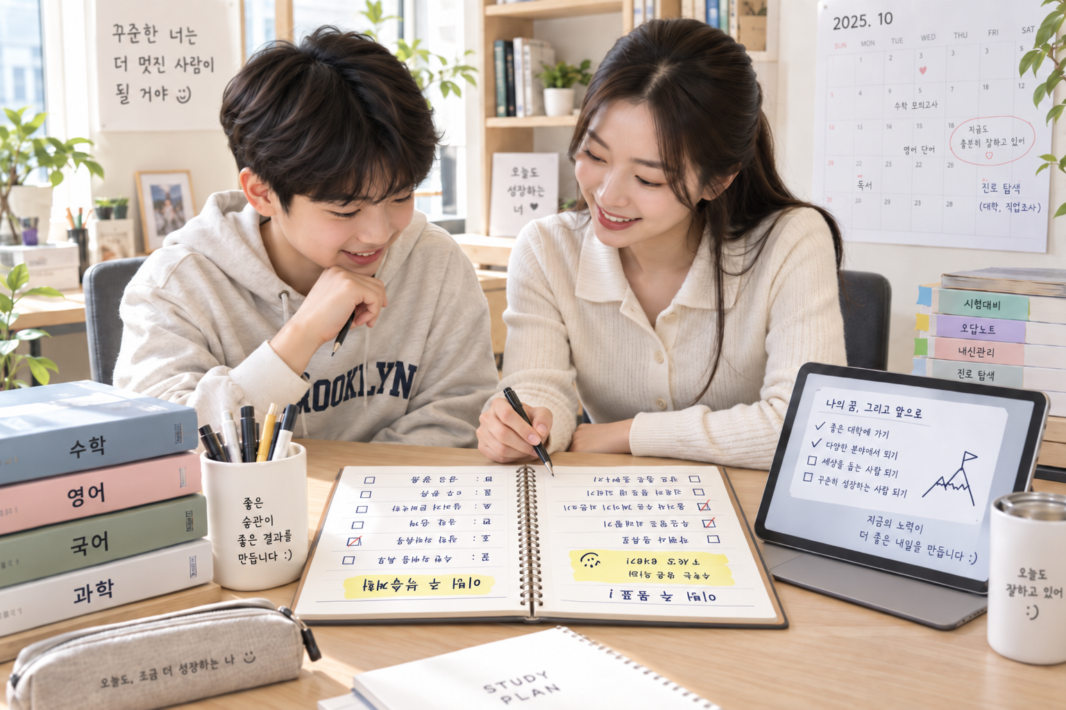 선생님이 학생과 함께 학습플래너와 학습목표를 확인하며 학습코칭을 진행하는 모습