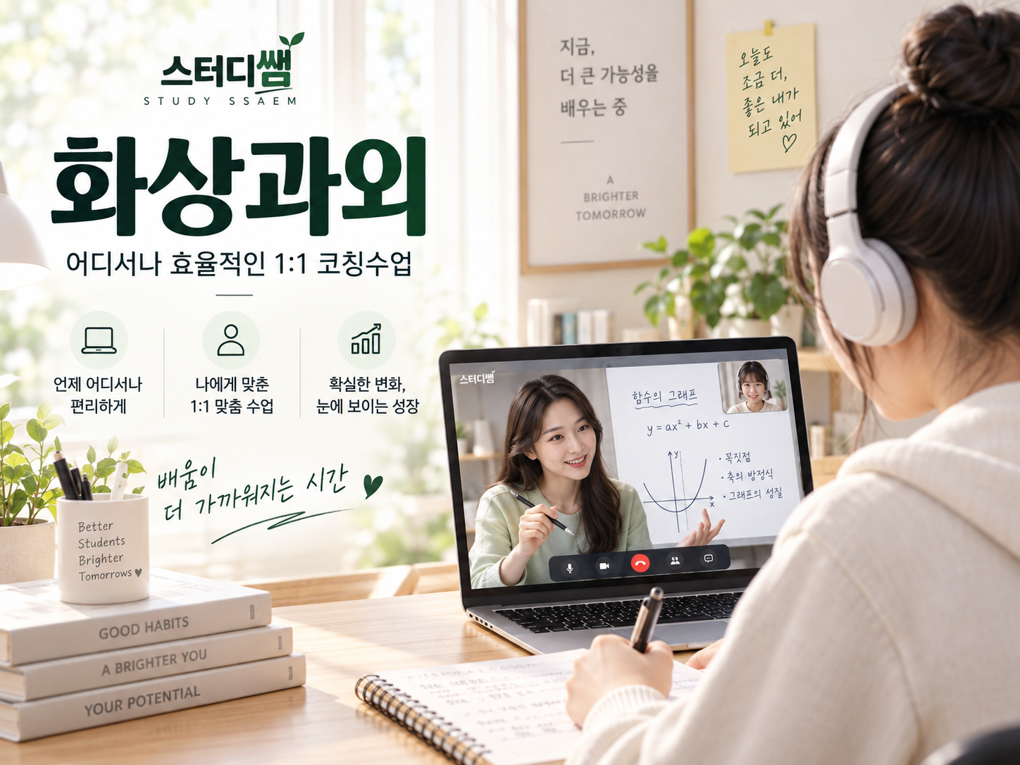 노트북으로 1대1 화상과외 수업을 받는 학생의 학습 장면