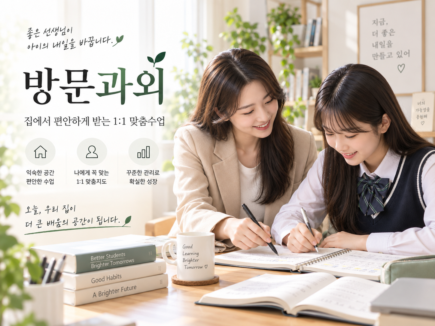 선생님이 학생 자택에서 1대1로 지도하는 방문과외 수업 모습