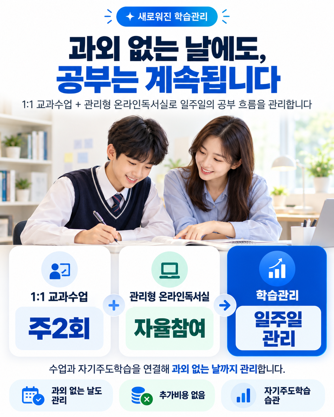 주2회 1:1 교과수업과 관리형 온라인독서실 자율참여를 결합한 스터디쌤 주간 학습관리 안내